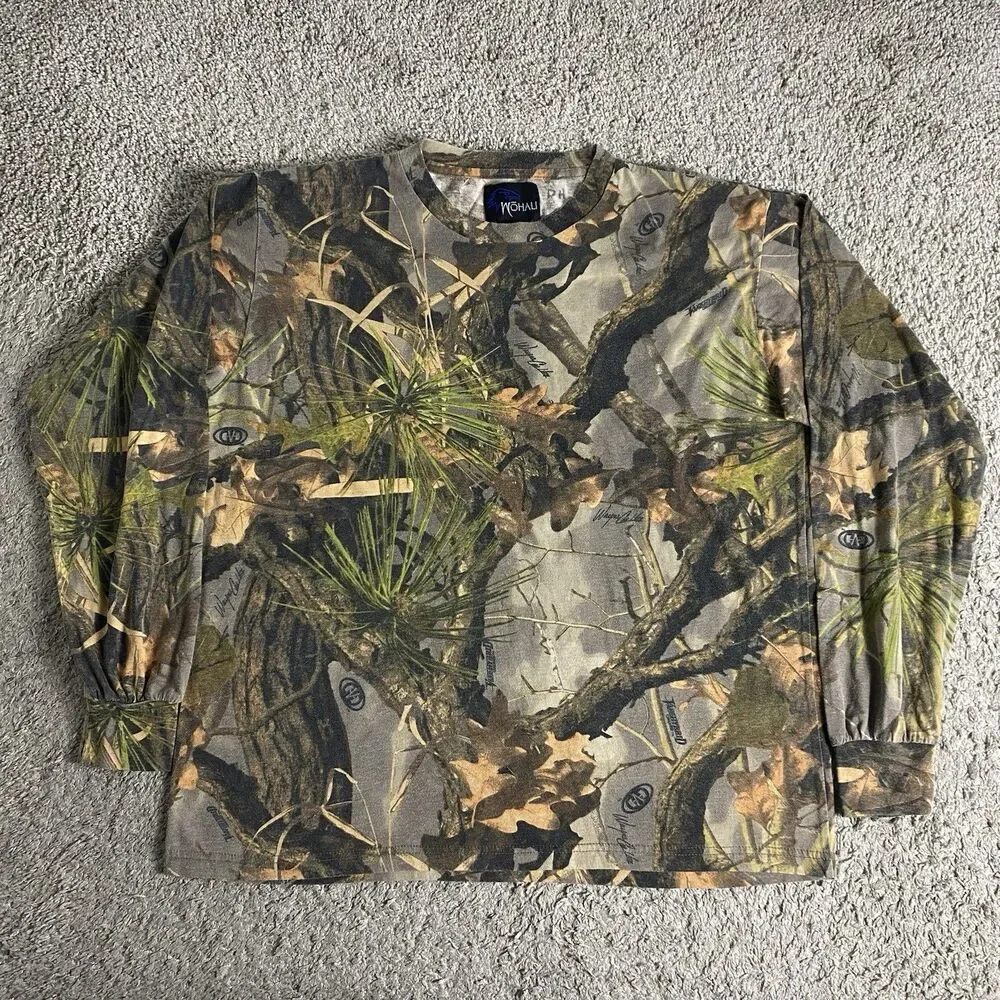 Vintage Wohali Outdoors Forest Camo Print T-shirt Size XL Hunting Fishing